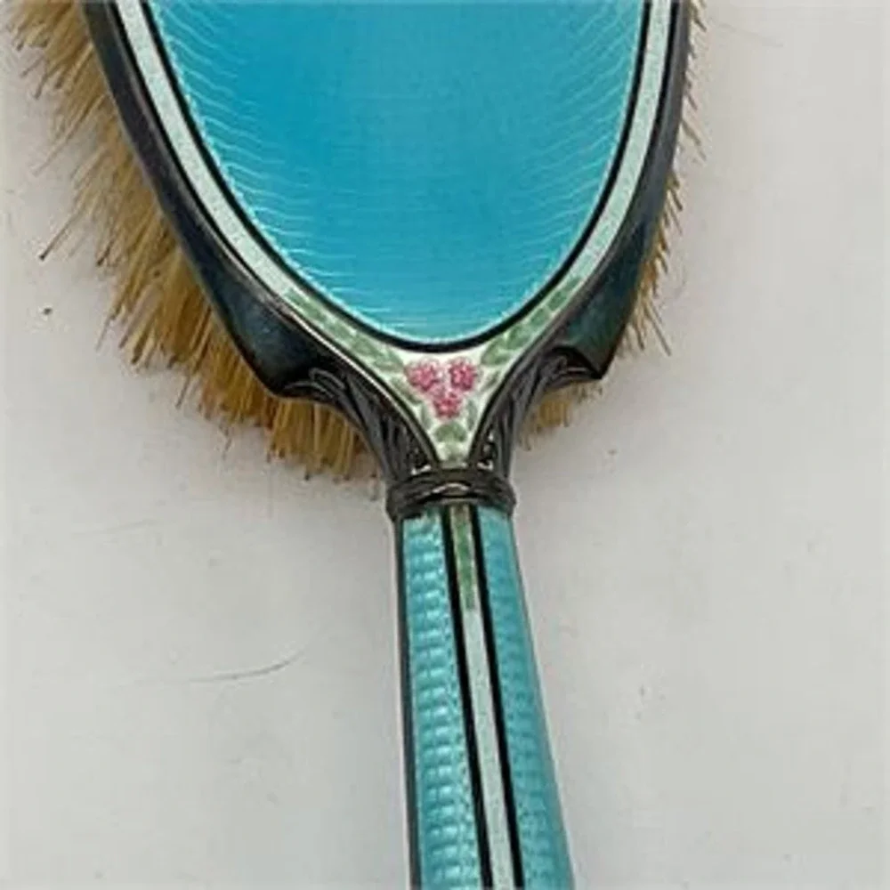 Foster & Bailey 1923 Guilloché Enamel & Sterling Silver Hair Brush & Crystal Jar